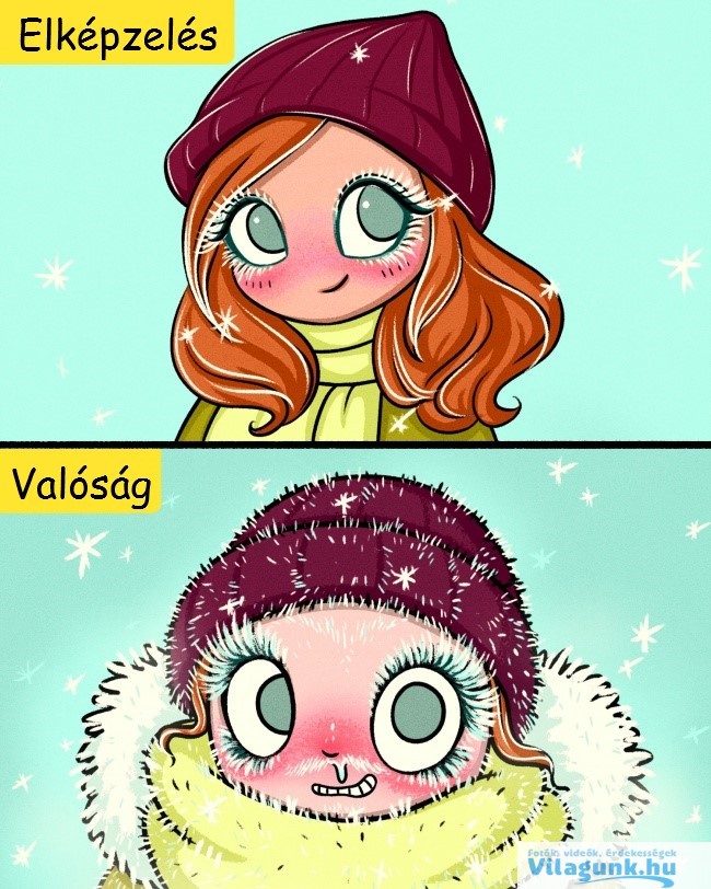 5 53 14 illusztráció ami bemutatja, milyen nehéz a lányok élete télen.