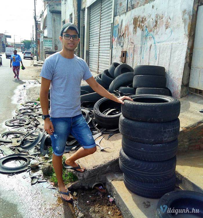 01 9 Egy brazil ezermester eldobott gumiabroncsokból készít kényelmes fekvőhelyet az állatoknak