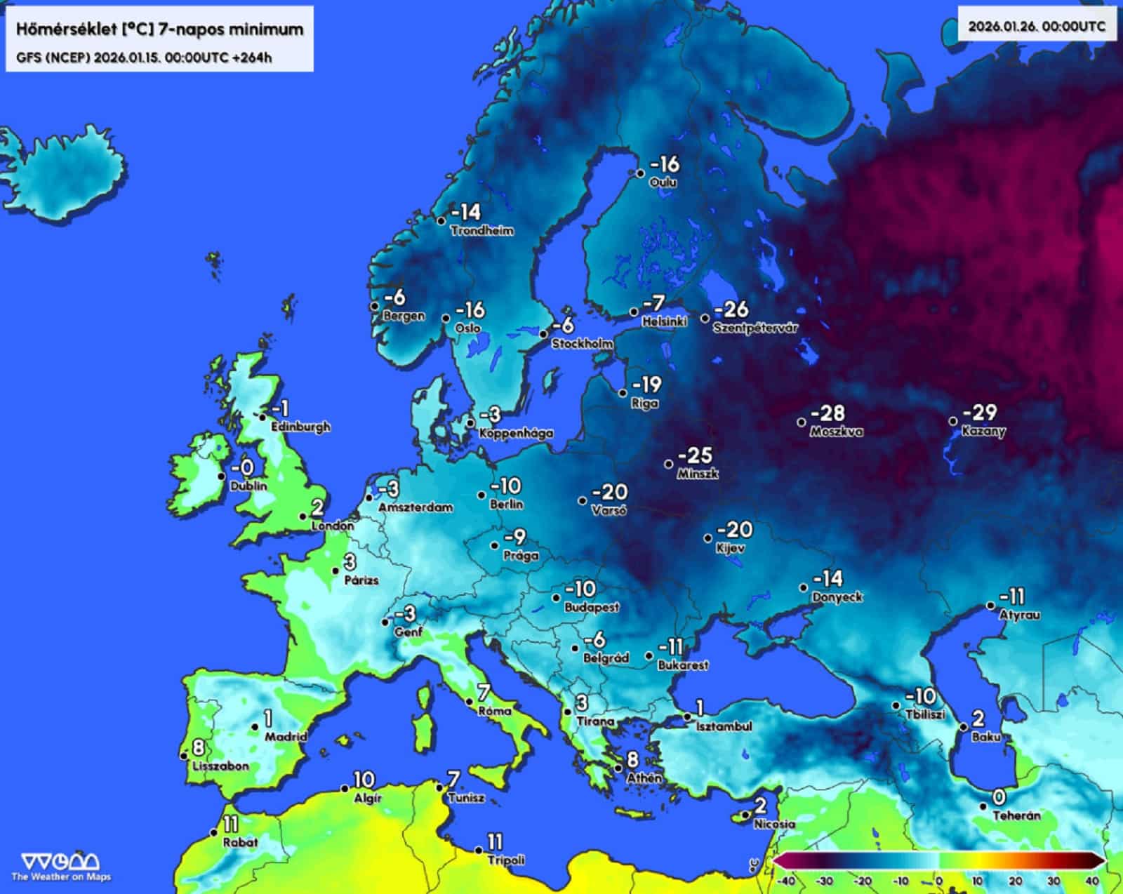 Brutális hideg Európa nagy részén, 7 napos minimumhőmérséklet-előrejelzés a GFS modell alapján