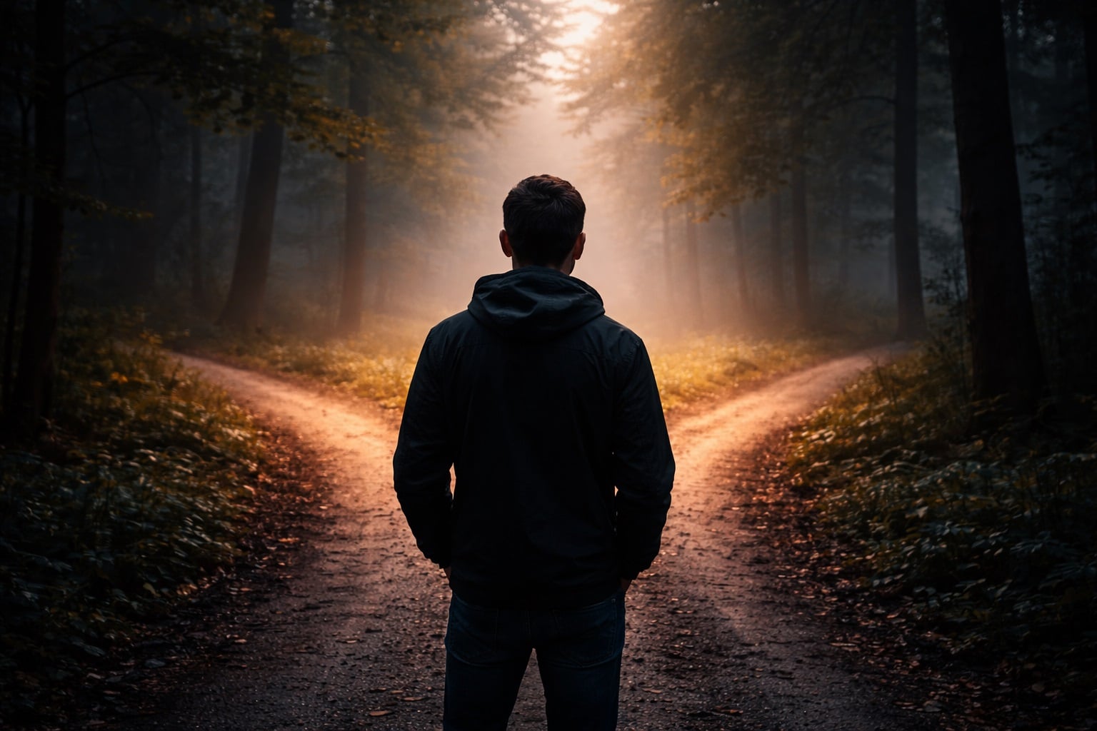 Egy ember döntés előtt áll egy erdei kereszteződésnél